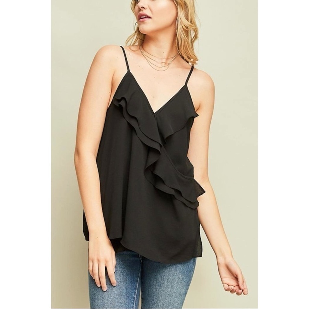 Entro Black Faux Wrap Ruffle Tank Top Women's Size Small